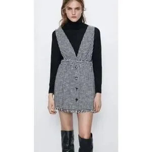 Zara Black White Tweed Button Front Sleeveless Pinafore Vest Mini Dress Size S | Poshmark