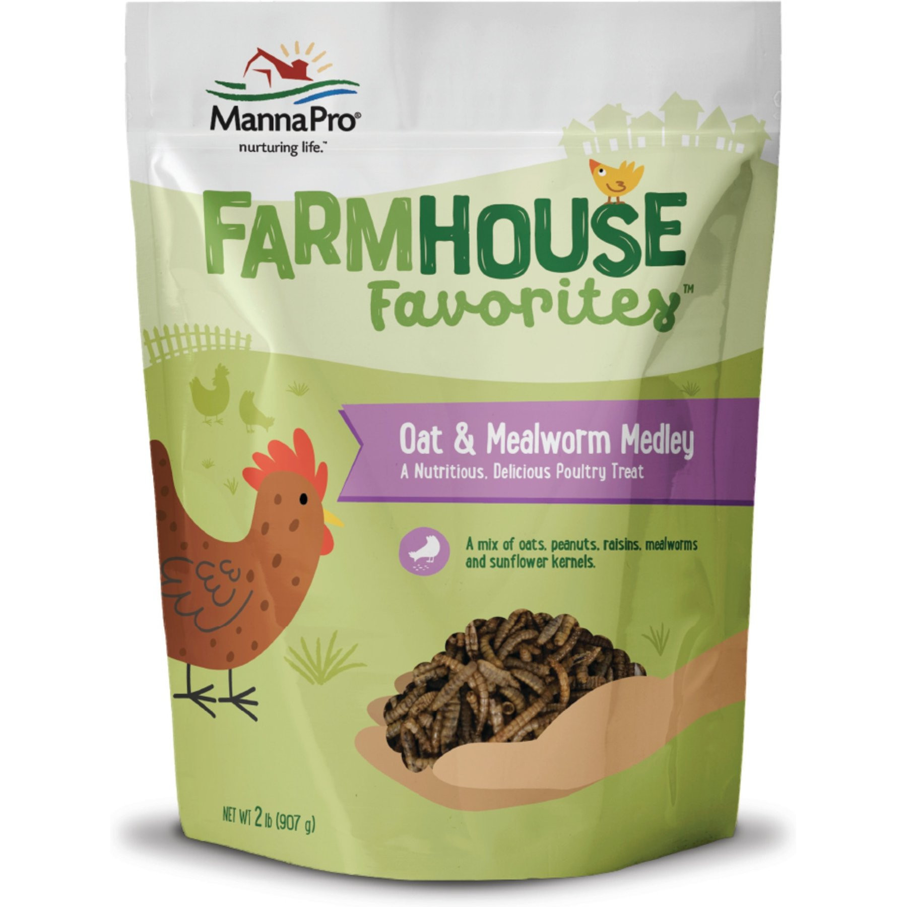 Manna Pro Farmhouse Favorites Oat & Mealworm Mix Chicken Treats, 2-lb bag | Chewy