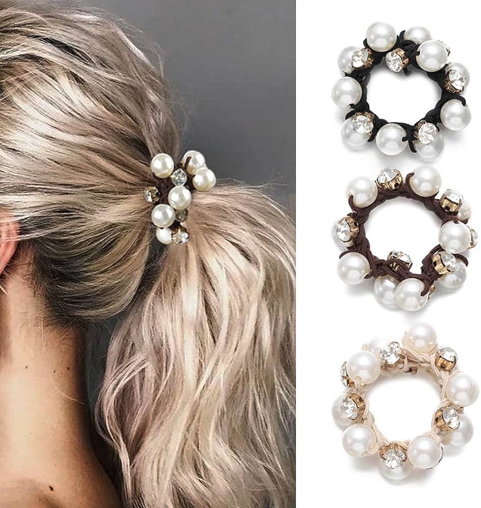Brinie Hair Ties Black Elastic Hair Scrunchies Pearl Hair Bands Crystal Hair Ropes Hair Accessori... | Amazon (US)