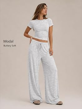 Trendy Queen 2 Piece Matching Summer Lounge Set Womens Side Ruching Top Wide Leg Pants Sets with ... | Amazon (US)