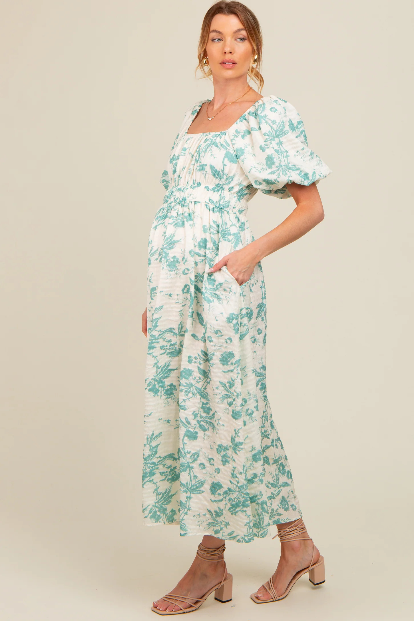 Teal Floral Puff Sleeve Maternity Midi Dress | PinkBlush Maternity