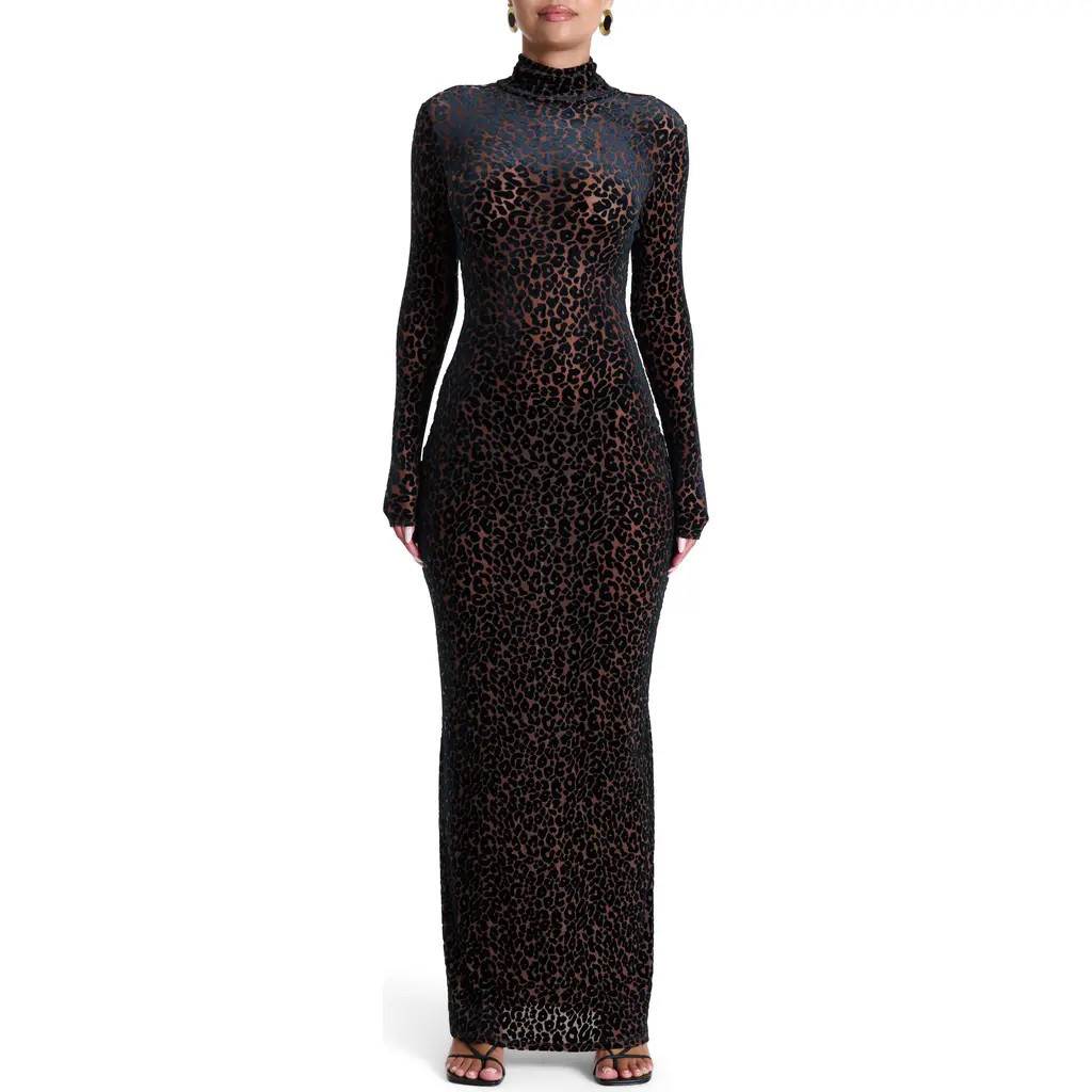 Naked Wardrobe Burnout Long Sleeve Maxi Dress in Leopard Nude at Nordstrom, Size X-Large | Nordstrom