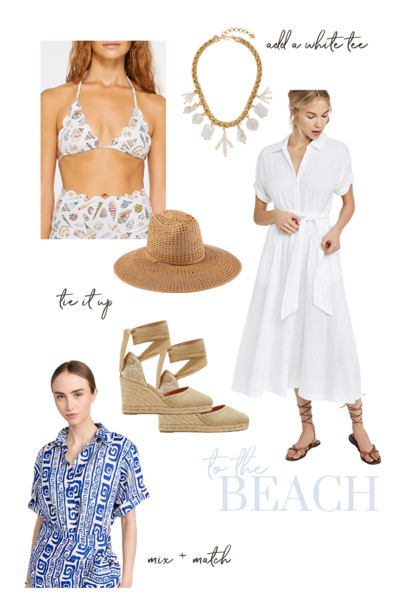 Beach-bound in blue and white, with a side of seashells! 

#resort #vacation #swimwear

#LTKtravel #LTKSeasonal #LTKswim