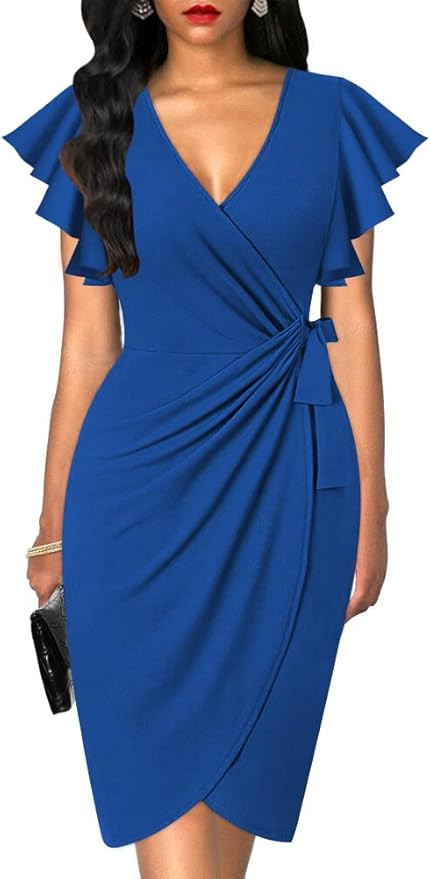 oten Womens Deep V Neck Ruffle Sleeve Sheath Casual Cocktail Party Work Faux Wrap Dress | Amazon (US)