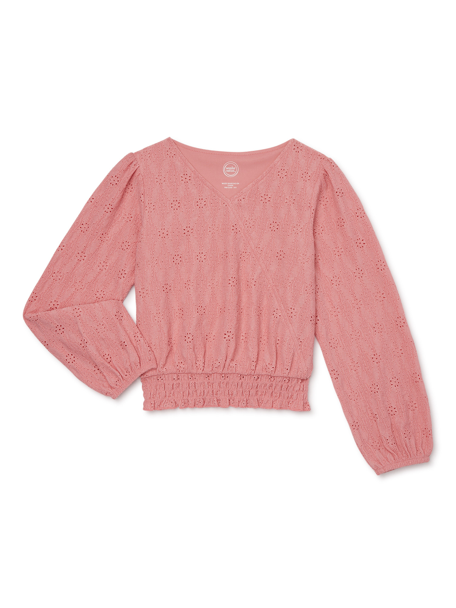 Wonder Nation Girls’ Knit Eyelet Top with Long Sleeves, Sizes 4-18 & Plus - Walmart.com | Walmart (US)