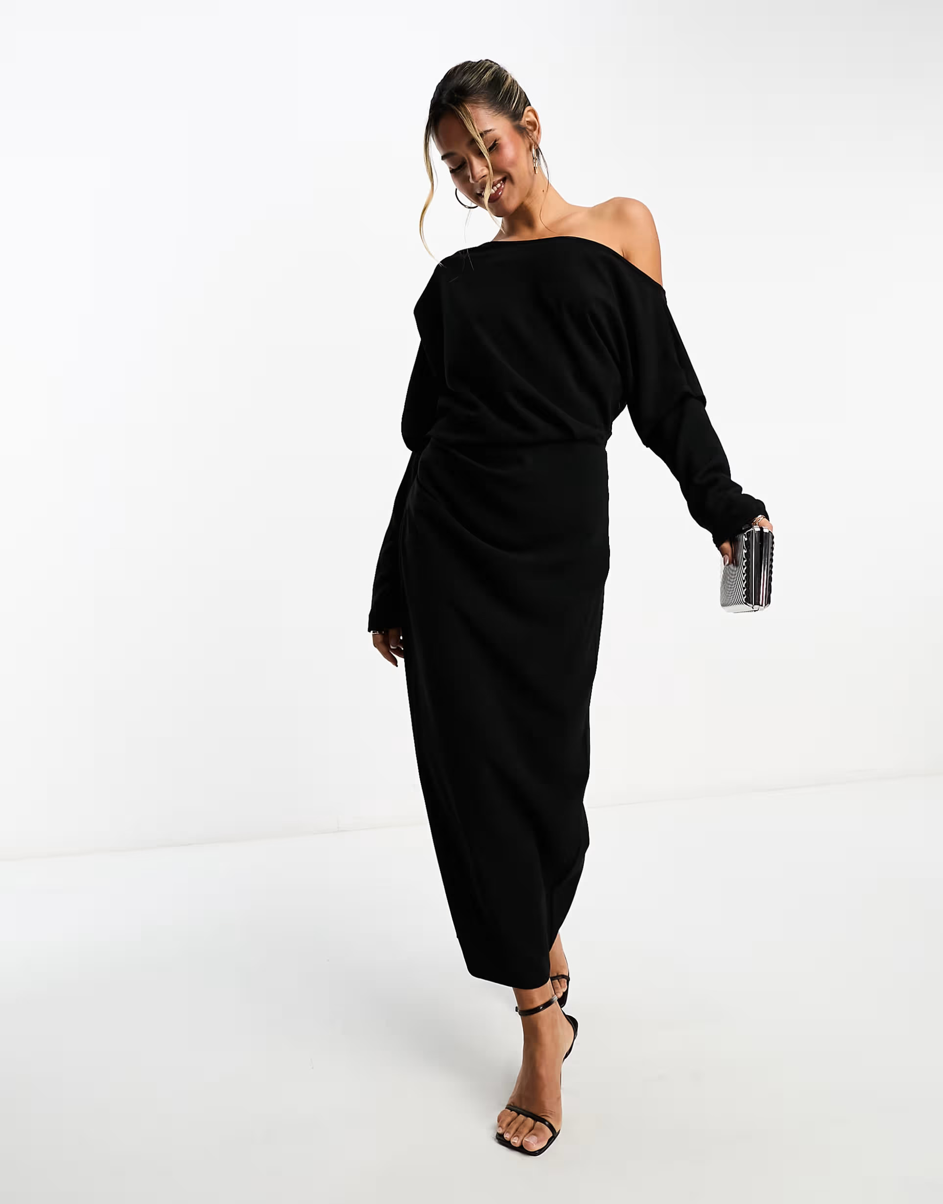 ASOS DESIGN slouchy fallen shoulder midi dress in black | ASOS | ASOS (Global)