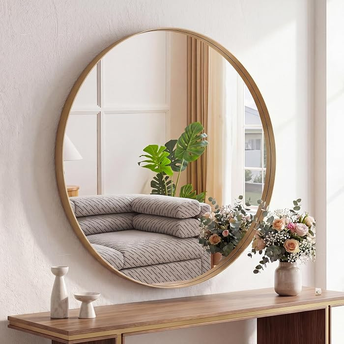 NEWBULIG 28-Inch Round Wall Mirror, Bathroom Wall Circle Mirror with Metal Frame, Bathroom Decor ... | Amazon (US)