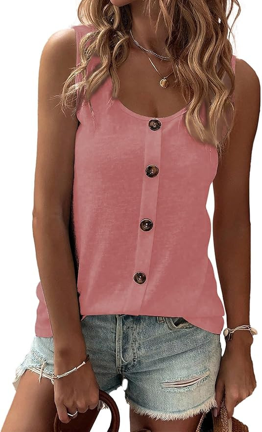 SHEWIN Womens Tank Tops Solid Button Crewneck Sleeveless Summer Tops Loose Fit | Amazon (US)