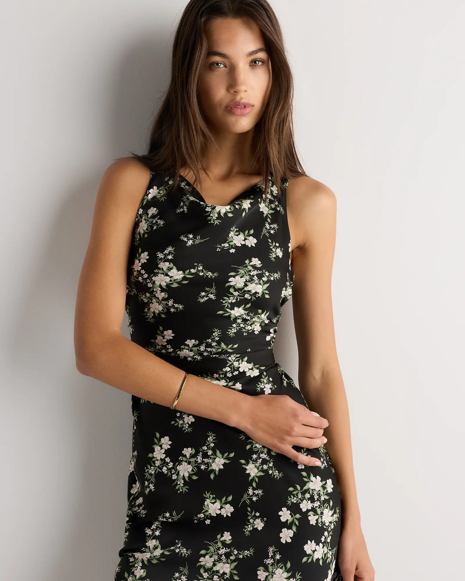 Washable Stretch Silk High Neck Midi Dress in Black Vintage Pink Petite Floral | Quince