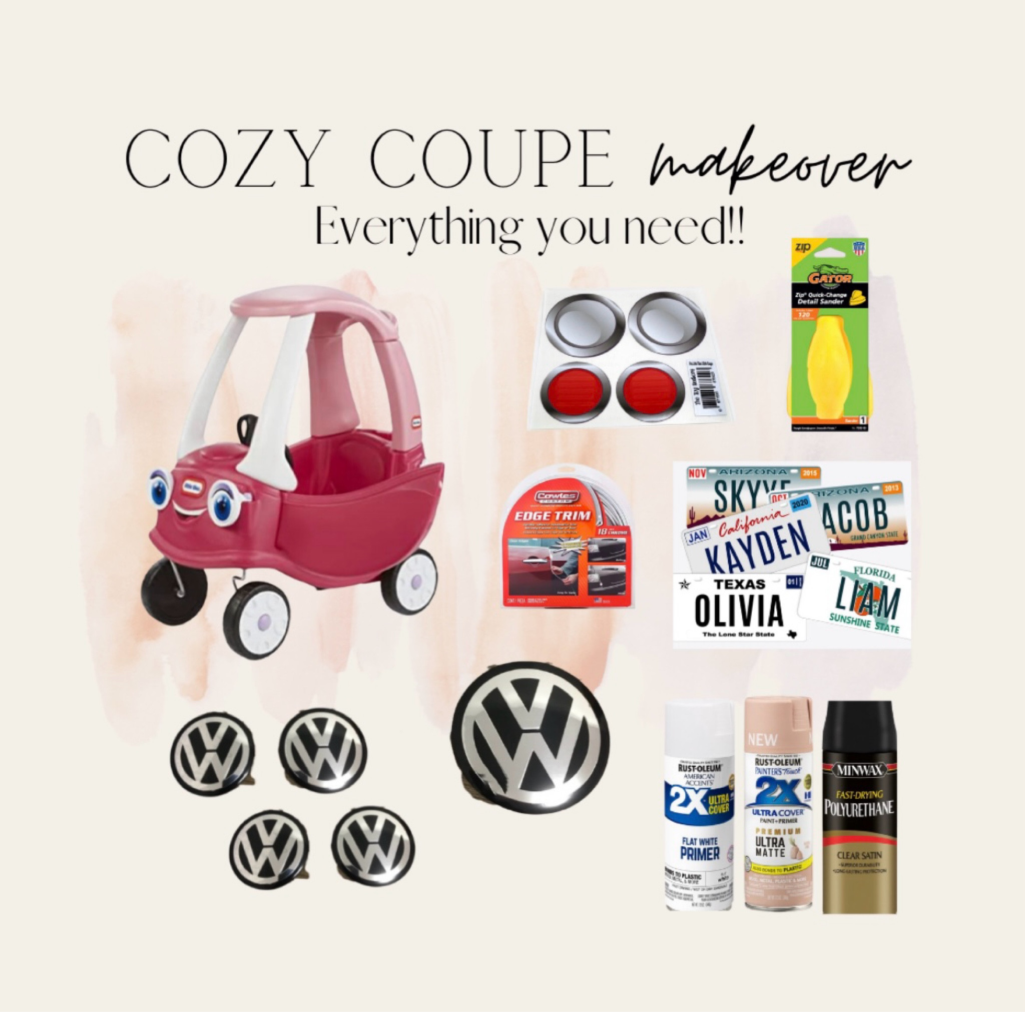 Everything you’ll need for a VW bus cozy coupe makeover! Upcycle old toys and make them beautiful again! I’ve linked every item from Amazon, Walmart, and Etsy (for custom items). Not all of these items are required but some are absolutely necessary. I’ll post a before and after of my cozy coupe makeover soon! Waiting on some accessories to come in. First birthday gift! 

#LTKfamily #LTKbaby #LTKkids