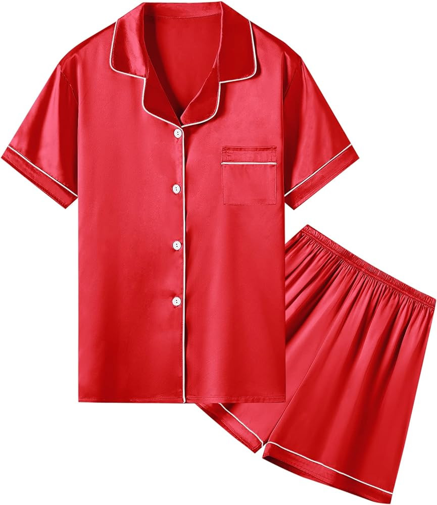Umeyda Women & Girls Pajamas Set, Soft Satin Lightweight Silk Button-Down Top with Shorts 2 Piece... | Amazon (US)