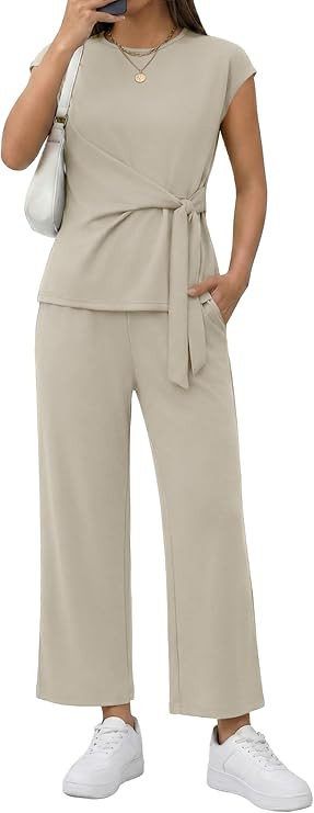 Casly Lamiit 2 Piece Set for Women Summer Casual Cap Sleeve Top with Belted Tie Crop Wide Leg Pan... | Amazon (US)