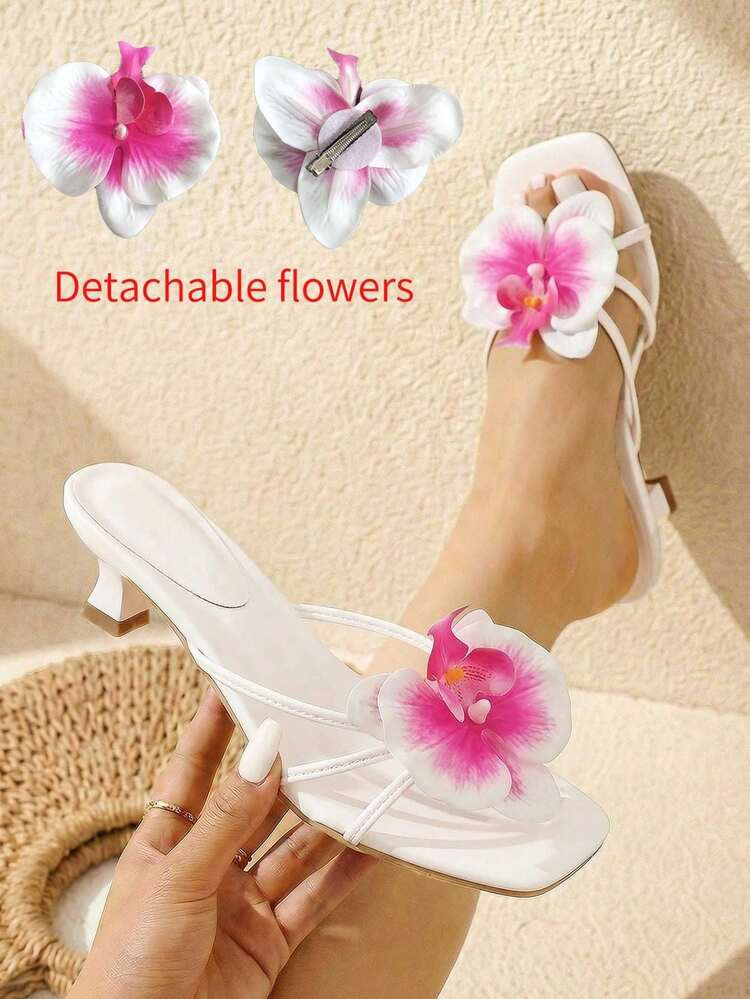 New 3D Pink Flower Decor High Heel Sandals, Elegant Low Heel High Heels, Suitable For Beach, Party, Date And Wedding Season, Pair With Bikini, Dress, Summer Fashion Elegant High Heel Sandals, Bridal High Heels,Kitten Heels | SHEIN