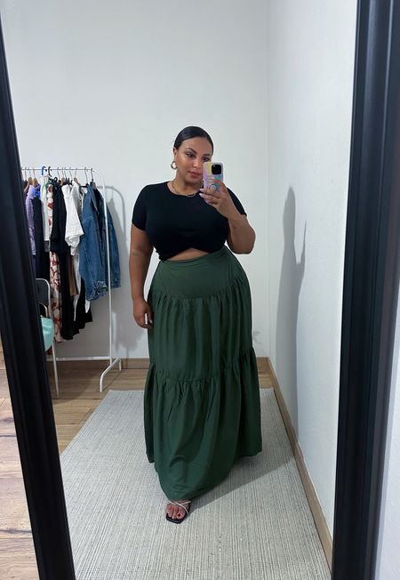 Midsize summer look . Black crop top , green maxi skirt black heeled sandals 
Code S15tiff for 15% off on SHEIN 

#curvyfashion #midsizefashion

#LTKsalealert #LTKcurves #LTKstyletip