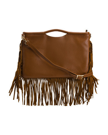 Leather Rectangular Fringe Crossbody, Leather/Gold/Suede | TJ Maxx