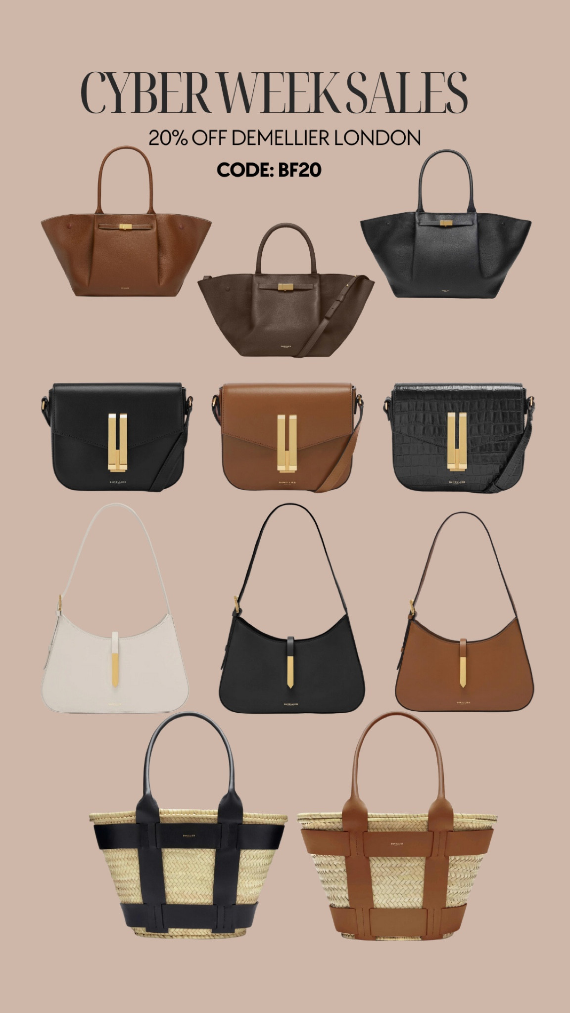 Demellier London 🤎💼 
Cyber week sales, Black Friday, use the code BF20 for 20% off 

#LTKCyberWeek #LTKGiftGuide #LTKCyberSaleUK