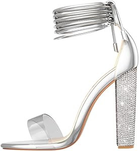 LALA IKAI Women’s Gold Rhinestone High Heels Sandals Ankle Strappy Clear Chunky Heels Dress Sho... | Amazon (US)