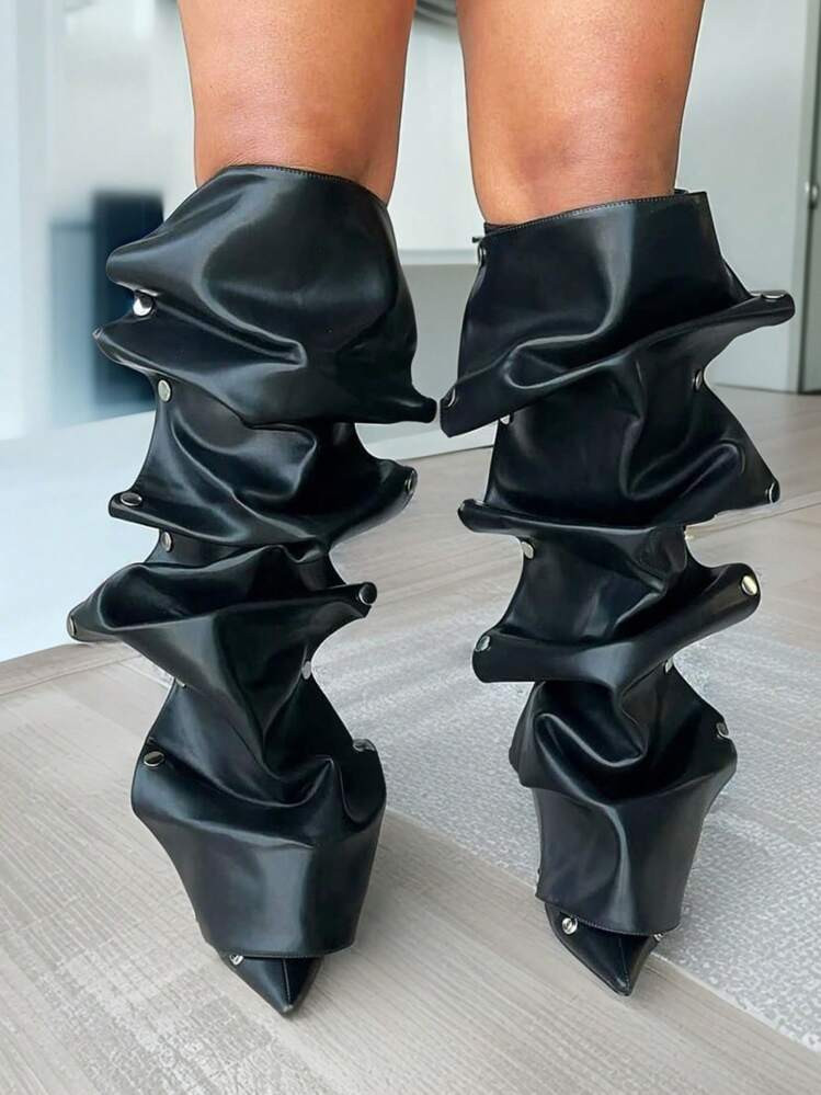 Women's Ruched Slouchy Knee High Boots Stiletto Thin High Heels Pointed Toe Detachable Buckle Party Dress Sexy Shark Boots | SHEIN