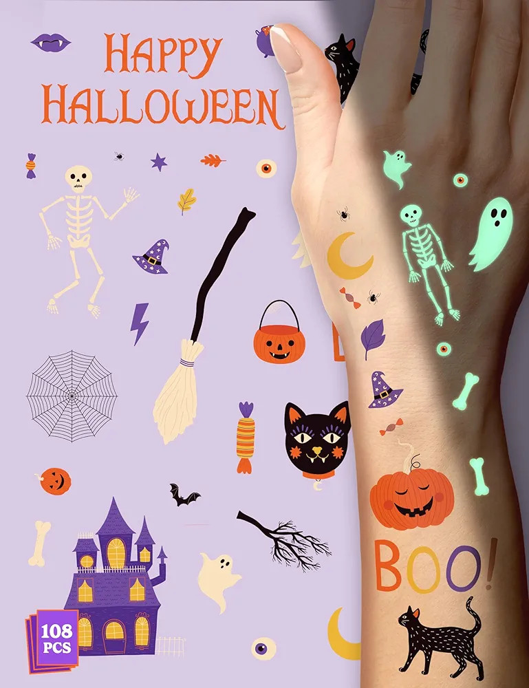 HOUSE OF PARTY Halloween Temporary Tattoos for Kids - Pack of 108 - Glow in the Dark Tattoos - No... | Amazon (US)
