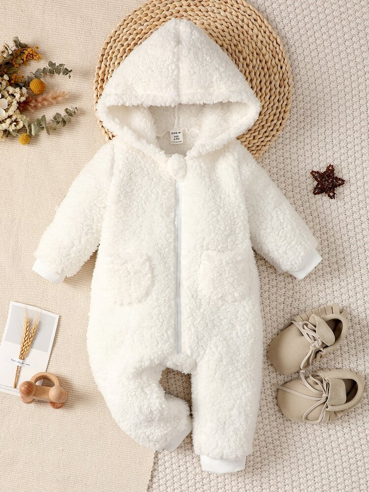 Baby Dual Pocket Zipper Hooded Teddy Jumpsuit | SHEIN