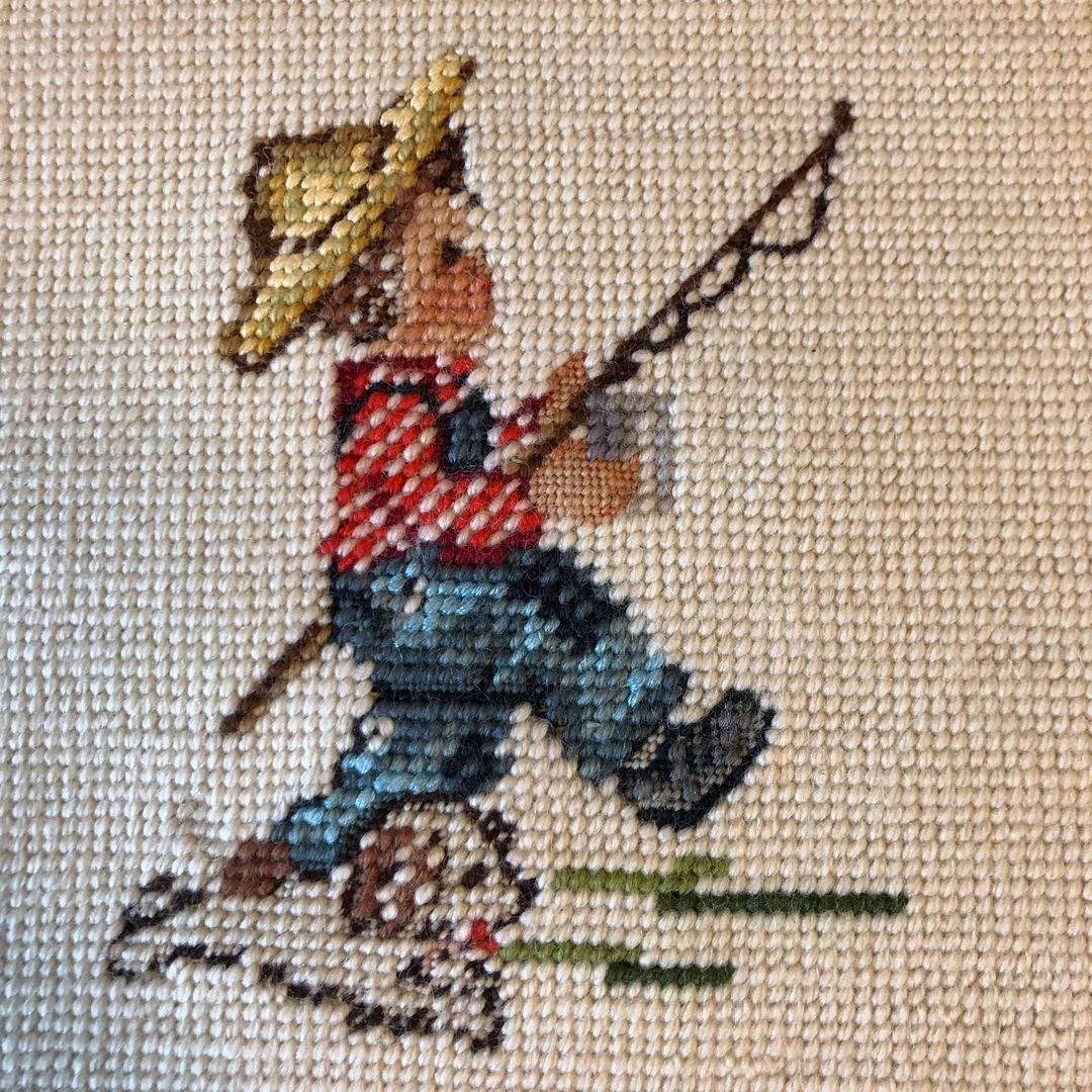 vintage finished needlepoint old fashioned boy and his dog fishing 8.5 by 9.5  inches  cleaned ra... | Etsy (US)