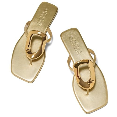 GotSoft Women's Flat Sandals Summer Square Toe Flip Flops Comfortable Beach Flats Slip on Metal Decoration Slide Shoes, Gold, size 7 | Amazon (US)
