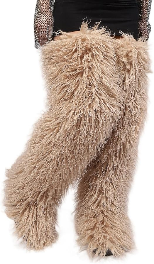 Black Thigh High Fur Boots, Over the Knee Fluffy High Boots, Tall Furry shoes for Women | Amazon (US)