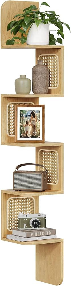 VASAGLE 5-Tier Corner Shelf, Wall Mounted Floating Shelf, Zigzag Corner Shelf Unit, PVC Rattan Si... | Amazon (US)