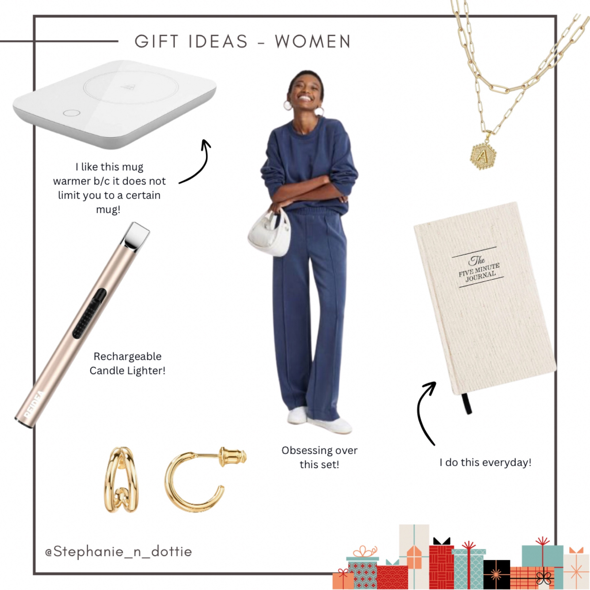 2023 Gift Guide Women 
2023 Gift Ideas Women 
Gift idea Moms
Gift idea Wives
Gift idea sisters
Gift Idea Friends
Coffee Warmer
Mug Warmer
Gold earrings
Rechargeable lighter
Gratitude Journal
Five Minute Journal
Daily Journal
Pajama set
Lounge set
2 piece set
Comfy set
Target set
Gold necklace 
Multi strand necklace
Initial necklace 

#LTKHoliday #LTKGiftGuide #LTKstyletip