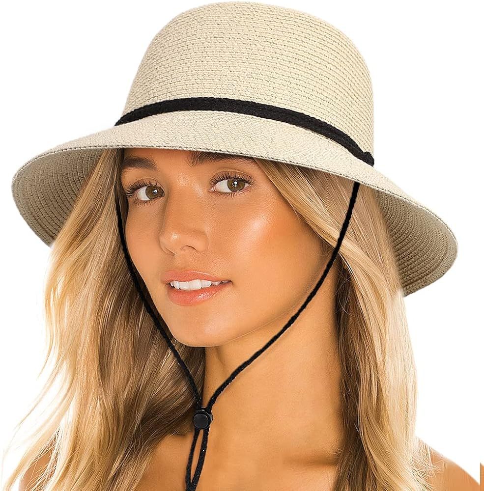 Womens Sun Bucket Straw Hats with Lanyard Foladable Summer Beach Hat Portable UPF 50+ Fishing Saf... | Amazon (US)
