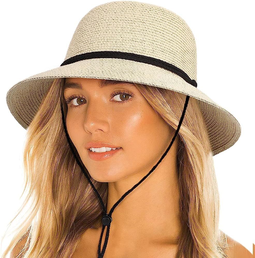 Womens Sun Bucket Straw Hats with Lanyard Foladable Summer Beach Hat Portable UPF 50+ Fishing Saf... | Amazon (US)