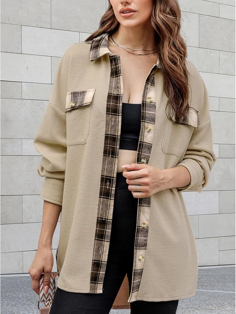 Amazon.com: Womens Waffle Knit Plaid Shacket Boyfriend Button Down Shirt Jacket Loose Long Sleeve... | Amazon (US)