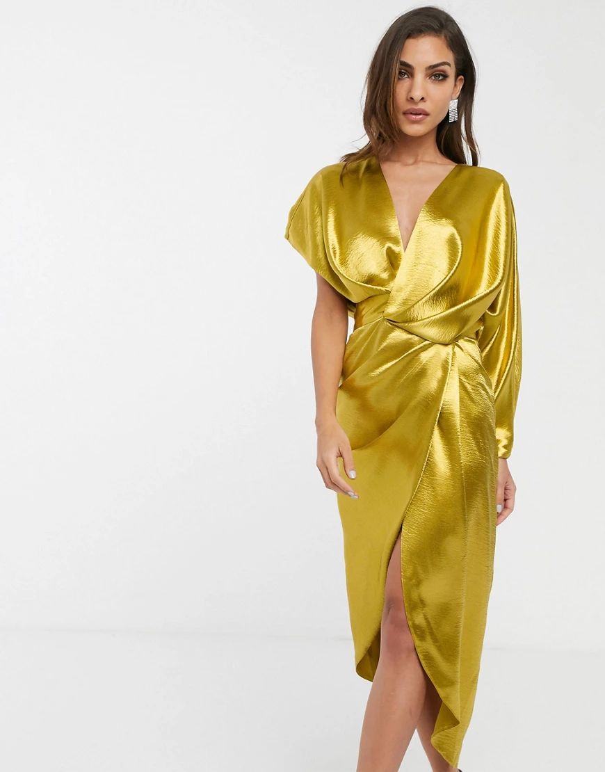 ASOS DESIGN high shine satin drape wrap midi dress with asymmetric sleeve-Gold | ASOS (Global)