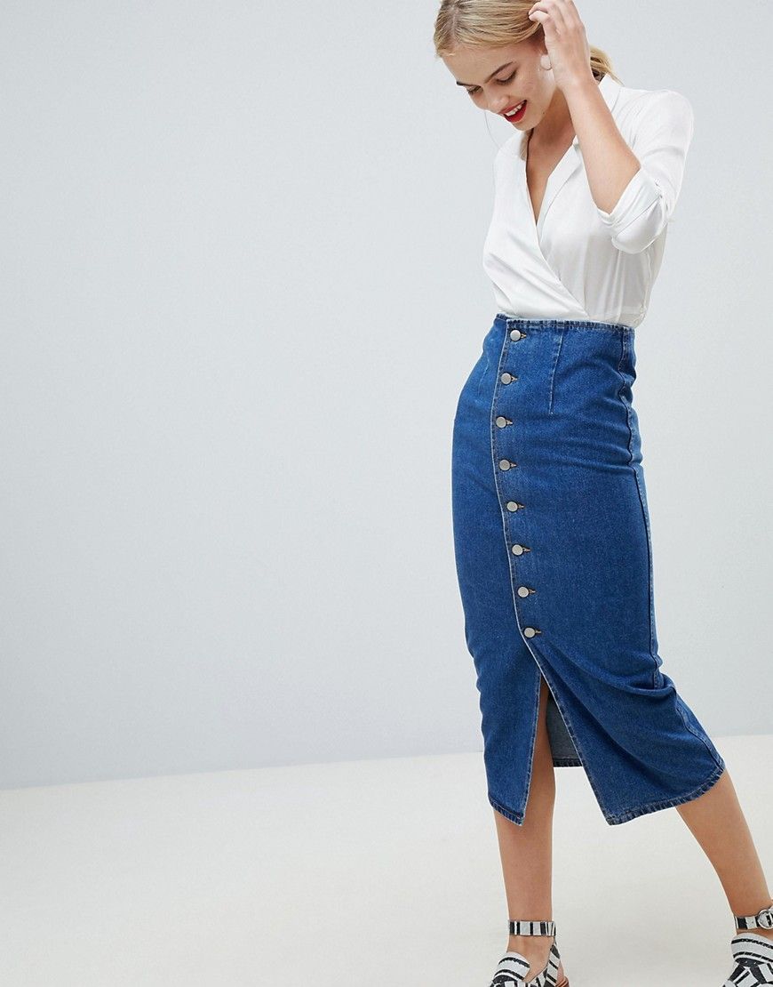 ASOS DESIGN denim midi skirt with buttons in midwash blue - Blue | ASOS US