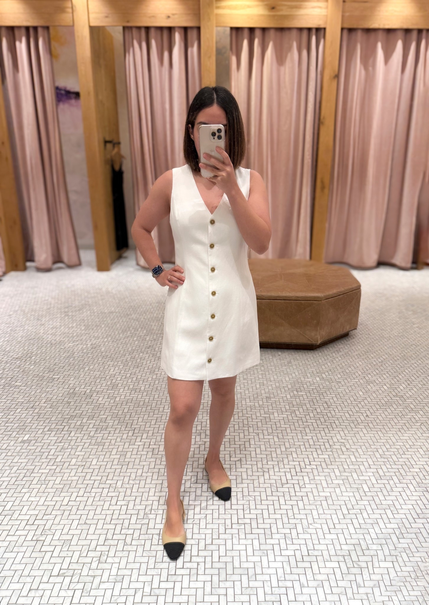 Linen-blend dress: it’s so comfortable and lightweight. Ideal for hot summer days. Available in 3 colors. I’m wearing size M (it runs small) for my 36/4US tops and 38/6Us bottoms It can be worn as a long vest 

Flats are size 6US for my usual 6US (true to size) 

For reference: 
I am 5’2” (158cms)
129lbs (58 kgs)