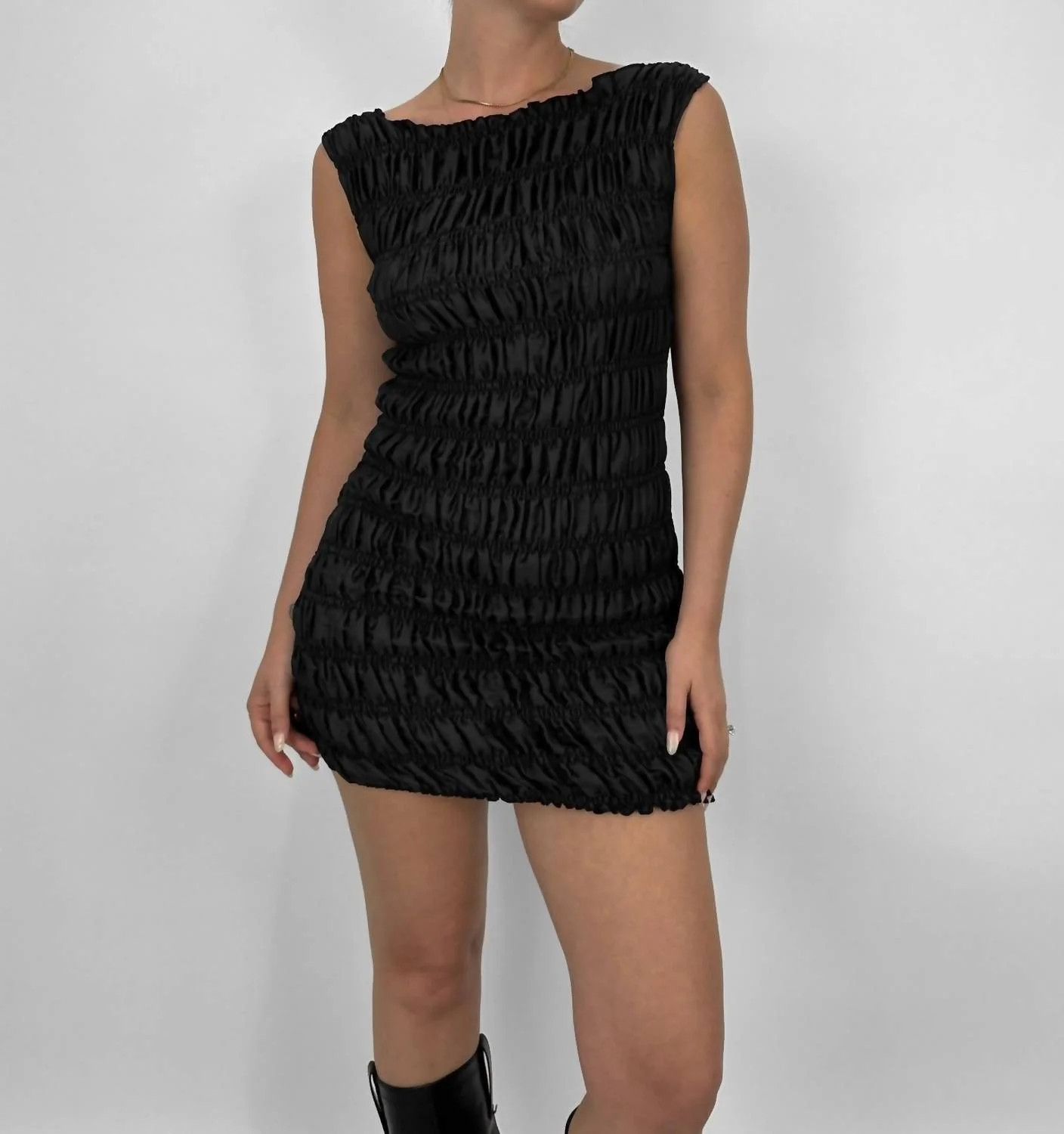 Smocked Boat Neck Mini Dress In Black | Shop Simon
