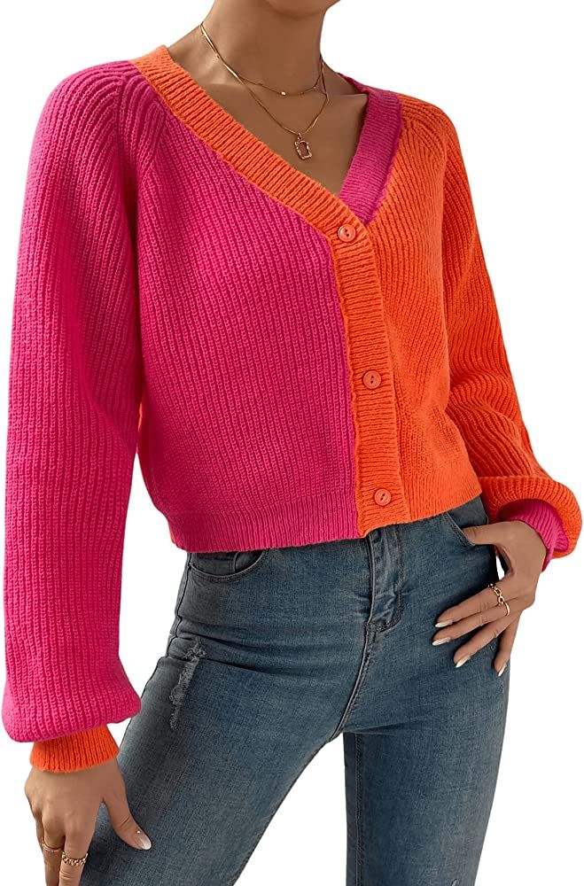 SweatyRocks Women's Color Block Long Sleeve V Neck Cardigan Button Front Drop Shoulder Sweater | Amazon (US)