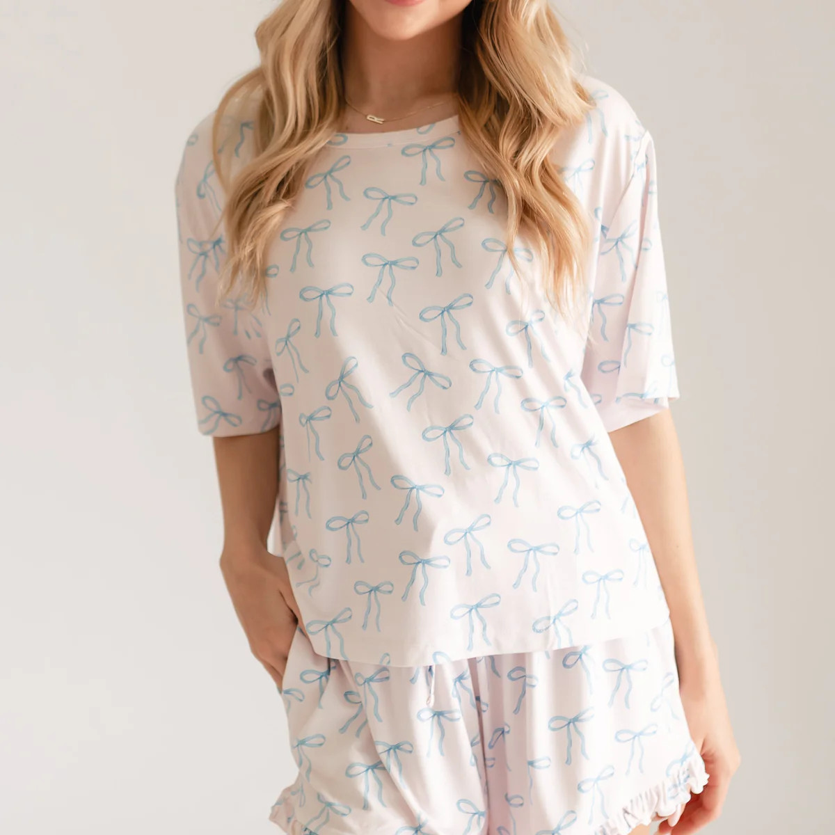 Women’s Ruffle Short Set in Blue Bows | Silks Design