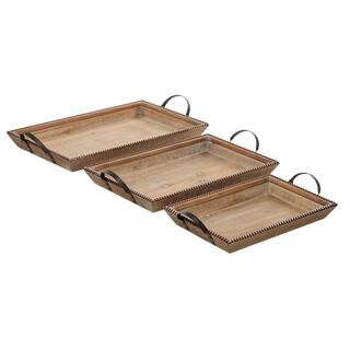 Brown Wood Decorative Tray with Metal Handles (Set of 3) | The Home Depot