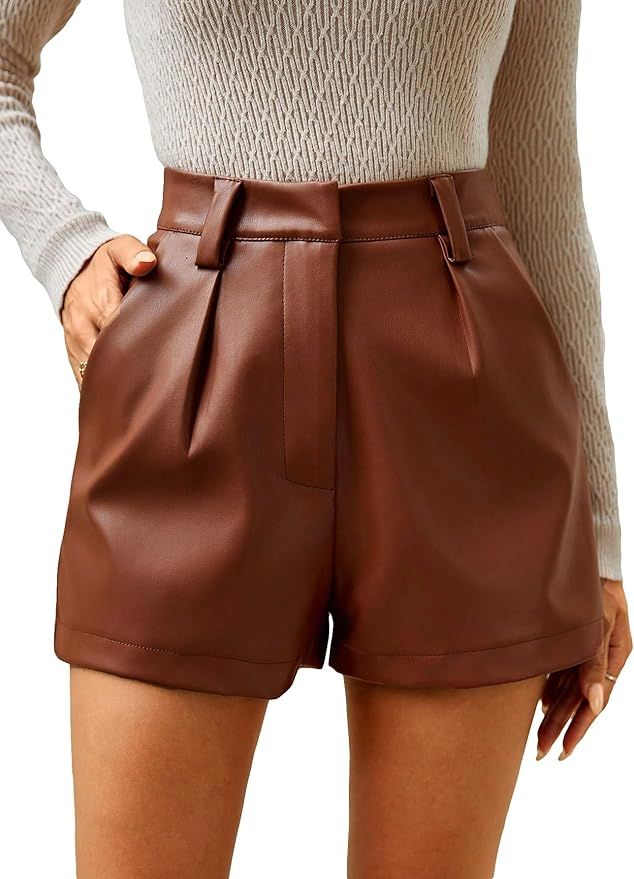 Milumia Women's PU Leather High Waisted Pleated Wide Leg Dressy Shorts with Pocket | Amazon (US)