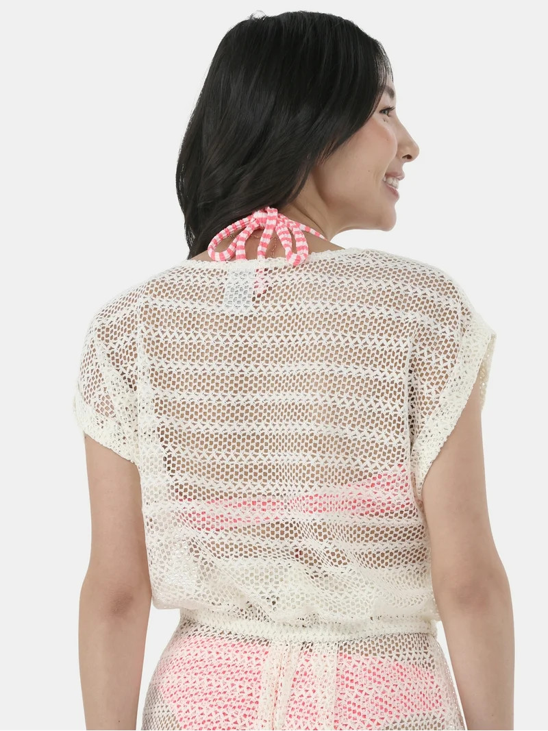 No Boundaries Women's Striped Crochet Crop Top Coverup, Sizes XXS - XXL | Walmart (US)