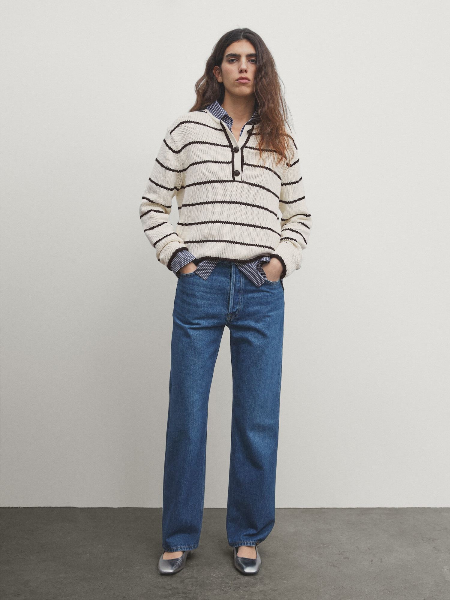 Henley neck striped knit sweater | Massimo Dutti US