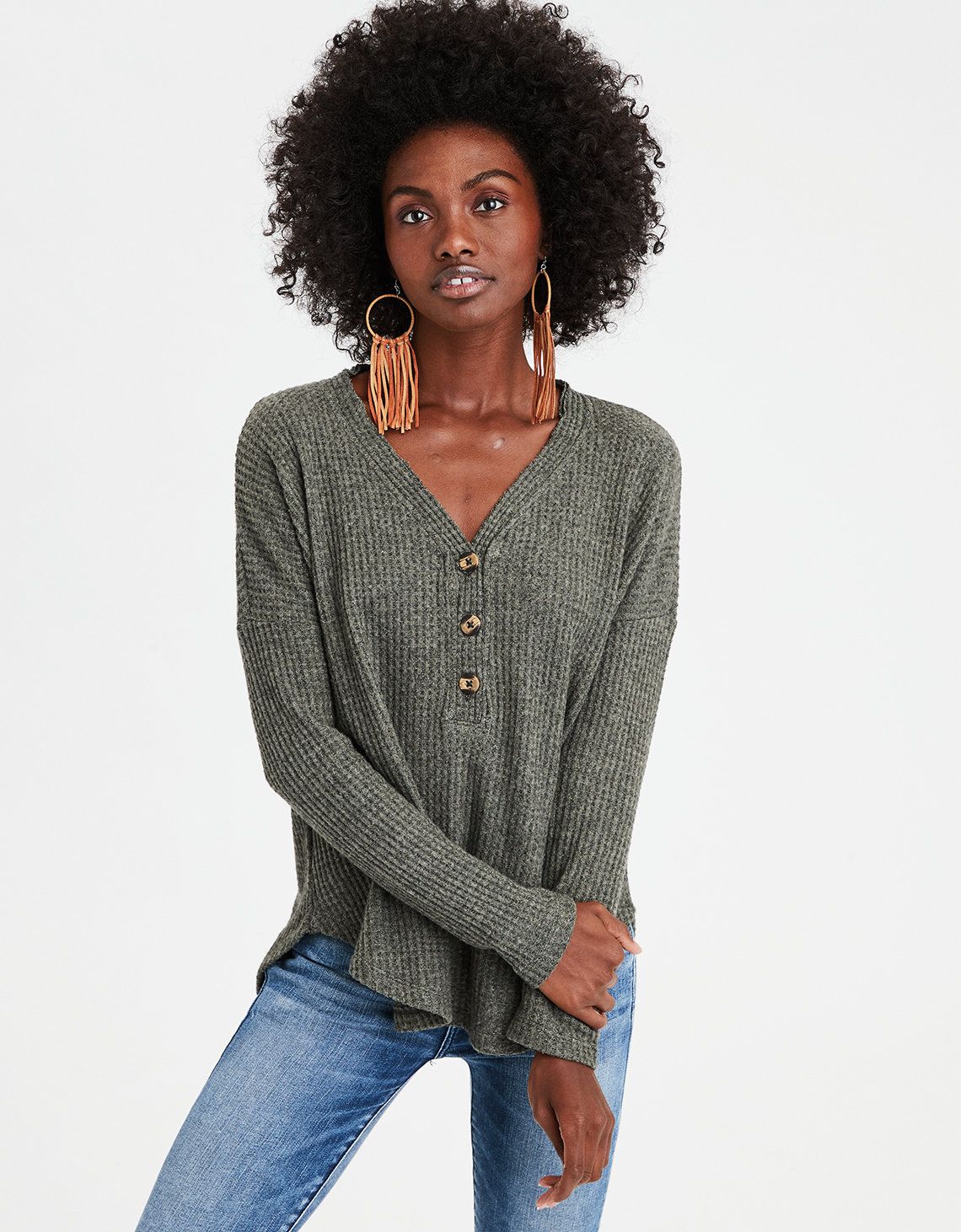 AE Soft & Sexy Plush Waffle Henley, Olive | American Eagle Outfitters (US & CA)