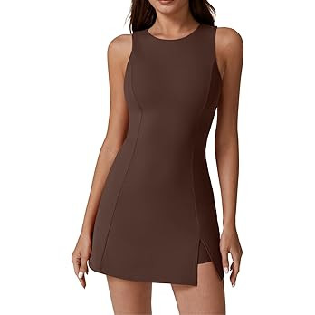 QINSEN Womens Crew Neck Tennis Dress Sleeveless Side Slit Golf Athletic Dress Build in Shorts wit... | Amazon (US)