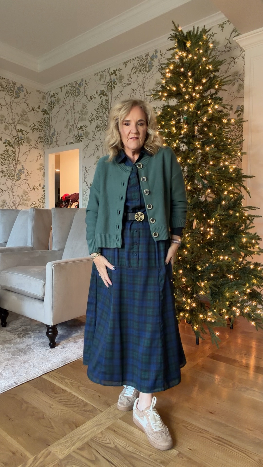 Black watch plaid dress size medium/8 casually. You could do sneakers, an ankle boot, a loafer or a tall boot. I’ll link a few. 
Quince cotton cardigan is restocked in green!! Size medium 
Sneakers tts 
Belt is reversible tts 

Teacher outfit business casual casual holiday 

#LTKFindsUnder100 #LTKOver40 #LTKWorkwear