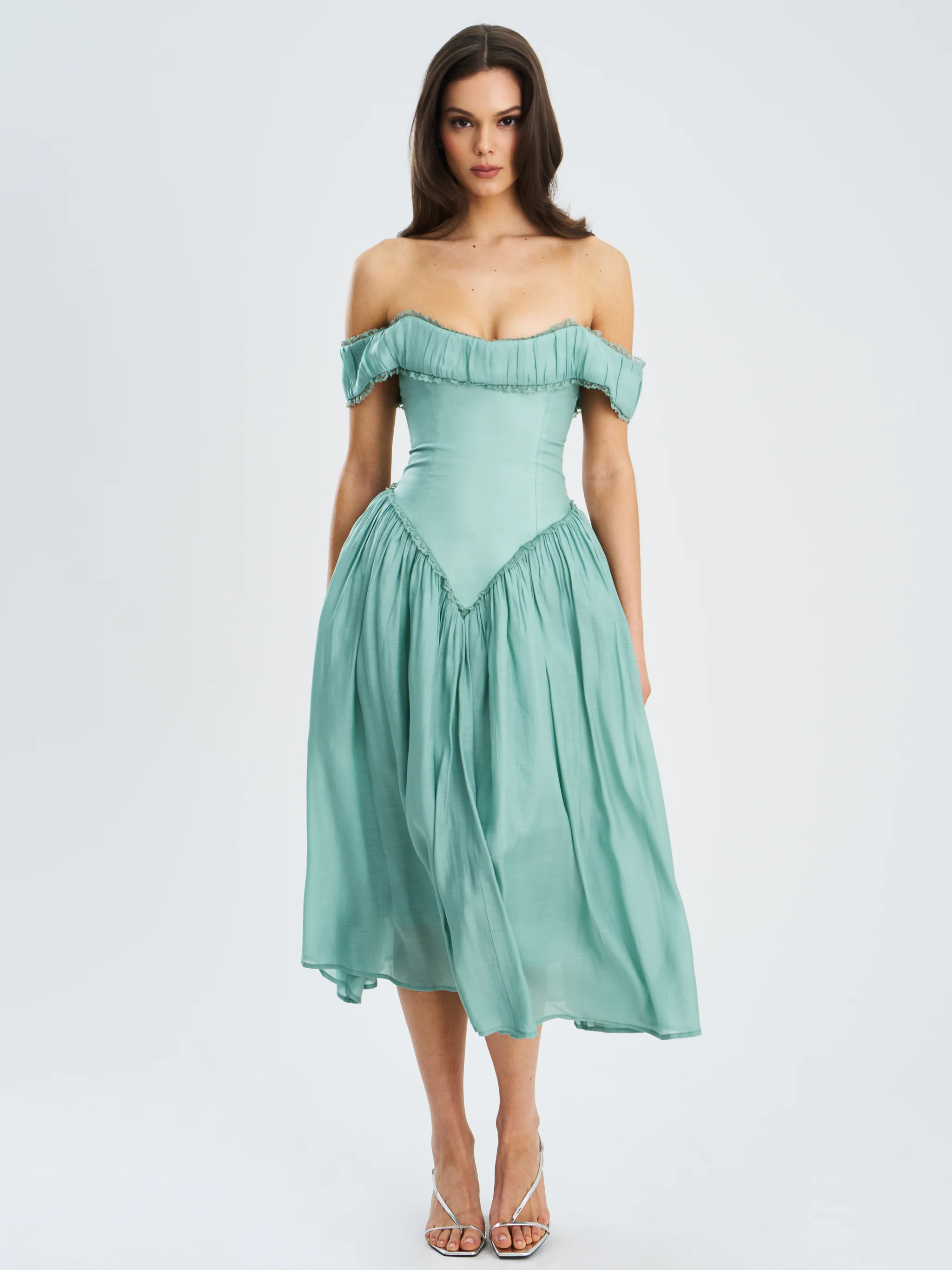 Xavy Teal Green Off Shoulder Corset Midi Dress | Miss Circle