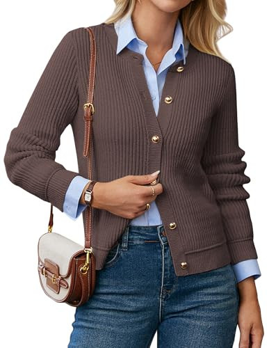 GRACE KARIN Women's Ribbed Cardigan Sweaters Long Sleeve Crewneck Knit Cardigans Gold Buttons Sweater Jacket Coffee XXL | Amazon (US)
