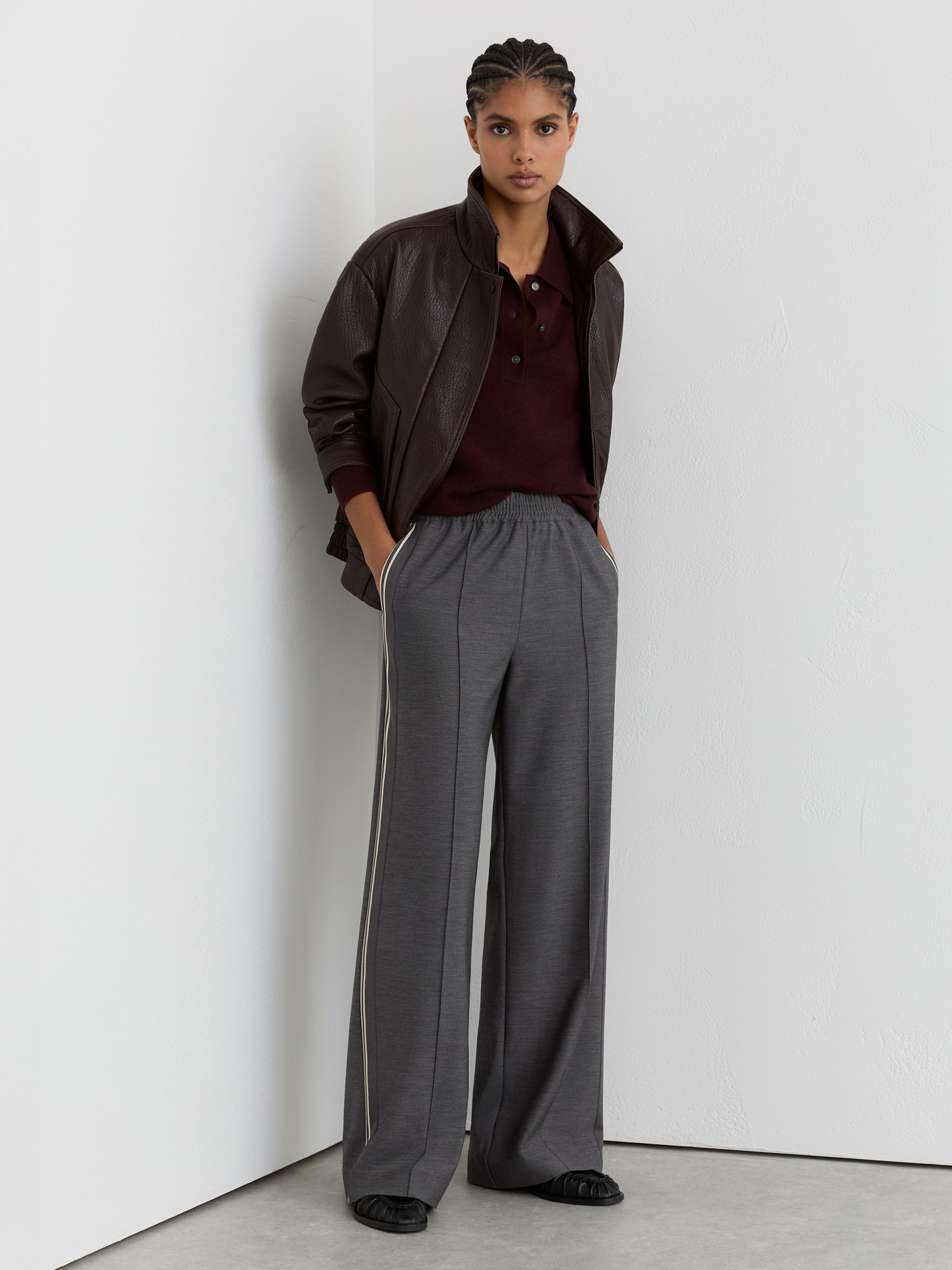 Reiss Mélange Side-Stripe Wide-Leg Trousers in Grey | REISS | Reiss US