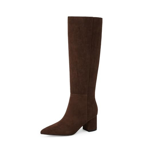 Easyfox Brown Knee High Boots Suede Tall Brown Boots for Women Pointed Toe Fall Boot Chunky Heel Chocolate Suede Long Block High Boot Size 9.5 | Amazon (US)
