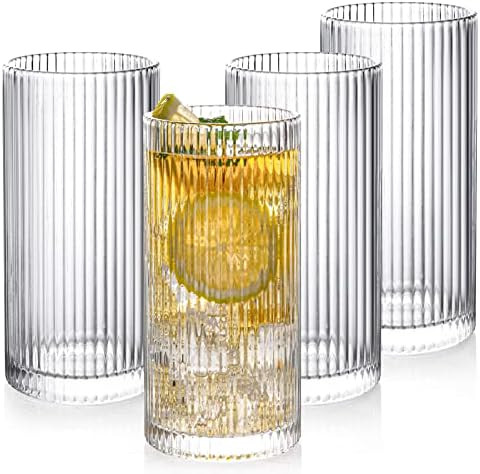 Drinking Glasses with Origami Style Set of 4 Glass Cups, 12 oz Ribbed Glassware, Highball Glass C... | Amazon (US)